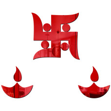 Swastik and 2 Diya, mirror stickers for wall, acrylic mirror wall decor sticker, mirror stickers for wall, acrylic mirror wall decor sticker, wall mirror stickers, Acrylic Stickers, Wall Stickers for Hall Room, Bed Room, Kitchen. (Red)