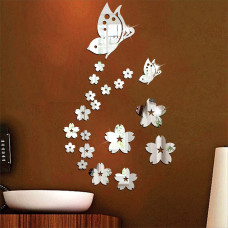 21 Butterfly Flower, mirror stickers for wall, acrylic mirror wall decor sticker, mirror stickers for wall, acrylic mirror wall decor,Acrylic Stickers, Wall Stickers for Hall Room, Bed Room, Kitchen. (Silvers, Thickness 1.5 mm, Premium Quality)